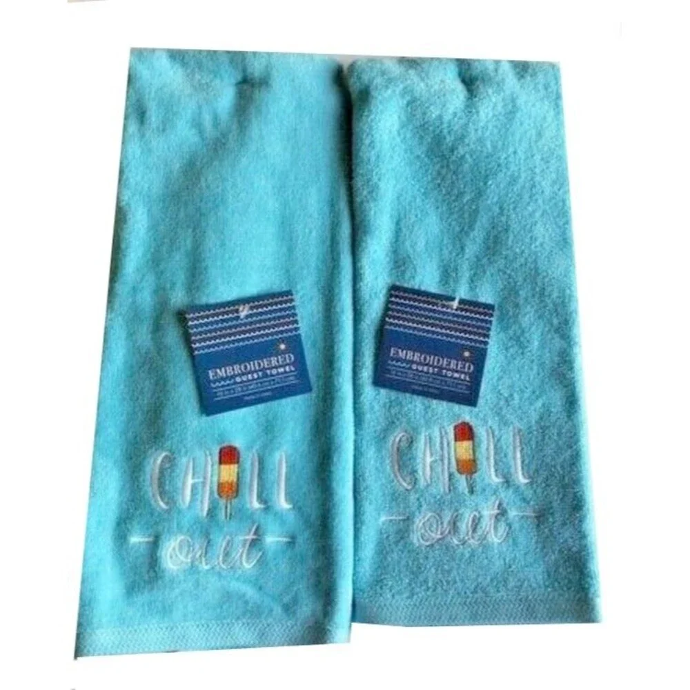 Chill Out Hand Towels Embroidered Summer Beach House Guest Blue Set of 2